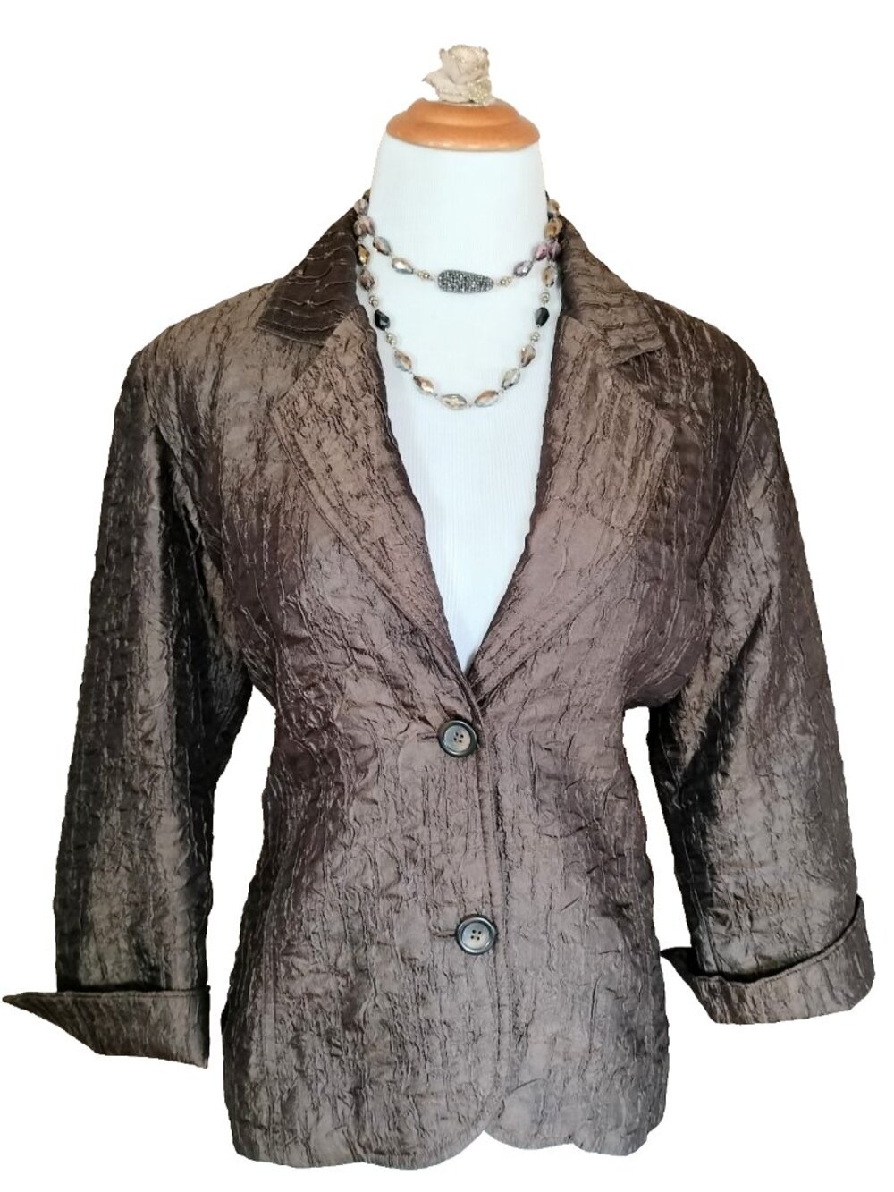 Chico's Bronze Shimmer Textured Jacket Sz 1 Med Pockets Lined 3/4 Cuff Sleeve